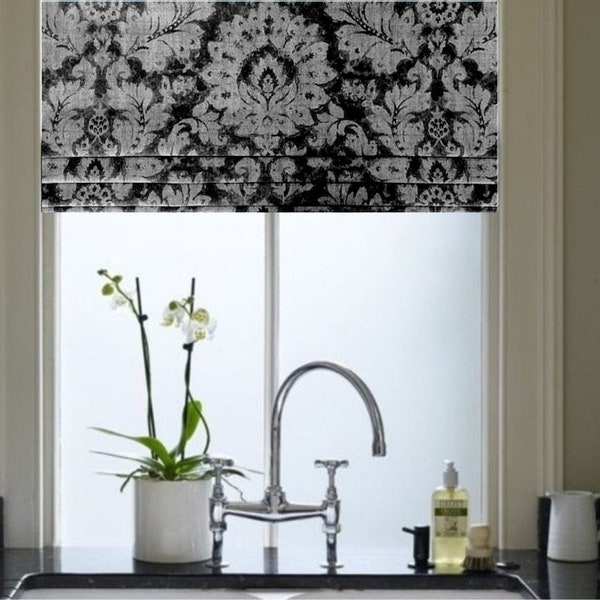 Black-Gray Faux Roman Shade/ Lined Mock Roman Valance/ Medallion Watercolor Damask Design/ Custom Sizing Available #367