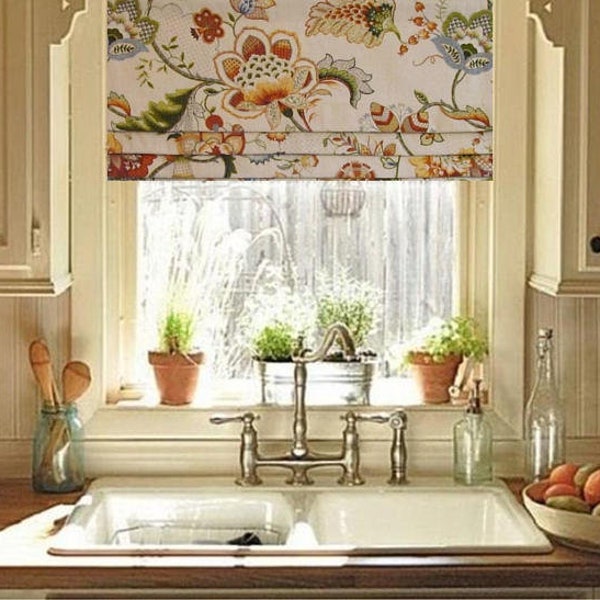 Floral Faux Roman Shade/ Lined Roman Valance/ Jacobean Amber Linen Blend/ Custom Sizing Available!