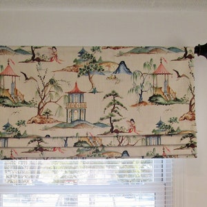 Chinoiserie Faux Roman Shade/ Fake Roman Shades/ Flax Asian Garden Scenes/ Custom Sizing Available 424 image 3