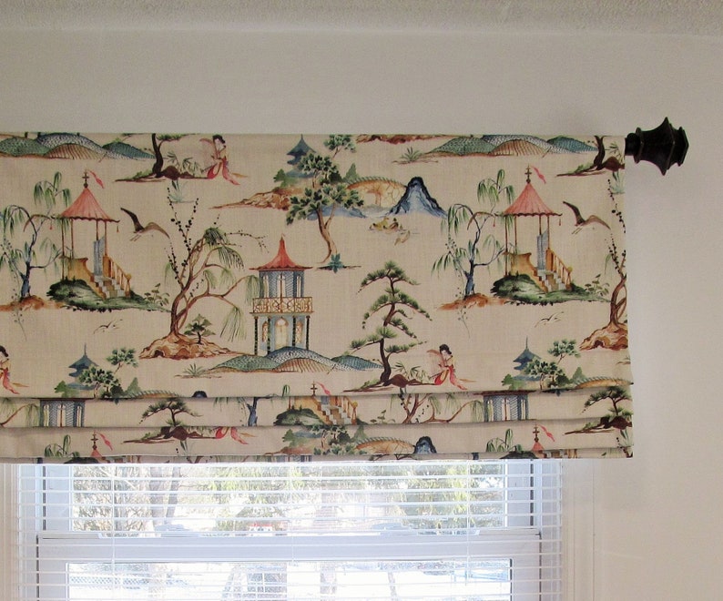 Chinoiserie Faux Roman Shade/ Fake Roman Shades/ Flax Asian Garden Scenes/ Custom Sizing Available 424 image 3