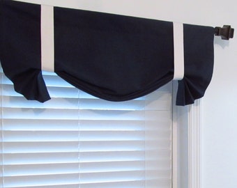 Tie Up Valance/ Lined Curtain/ Solid Navy Blue and White/ Custom Sizing Available!