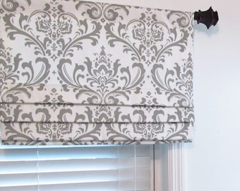 Faux Roman Shade/ Lined Mock Valance/ Premier Prints Traditions/ White-Storm Grey/ Custom Sizing Available! #163