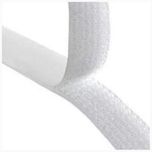 May include: Close-up of white hook and loop fastener, also known as Velcro. The image shows the two components of the fastener, one with a smooth surface and the other with a textured, looped surface. The fastener is against a white background.