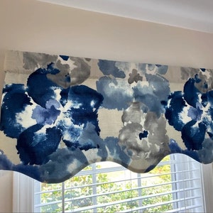Floral Blue Scalloped Window Valance/  Shaped Valance/ Lined Curtain/ Robert Allen Aptura Floral/ Custom Sizing Available! #128