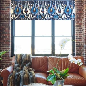 Blue Faux Roman Shade/  Lined  Mock Valance/  Fake Roman shades/ Robert Allen Ikat Bands Indigo/  Custom Sizing Available! #123