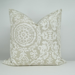 Natural Linen Decorative Pillow Cover/ Throw Pillow Cover/ Thibaut Sansome Medallion  White on Natural