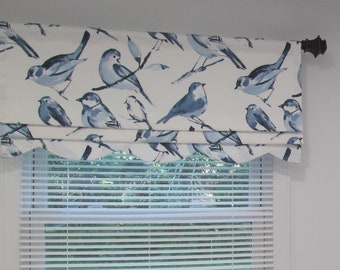 Trimmed Faux Roman Shade/ Unique Scalloped Fake Roman Shade/ Blue Birdwatcher Exclusive Birds/ Custom Sizing/ Original Design by SoD! #377