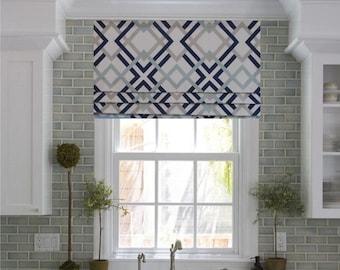 Faux Roman Shade/ Lined Mock Valance/ Geometric Print Navy-Aqua-Grey-White/ Custom Sizing Available! #166