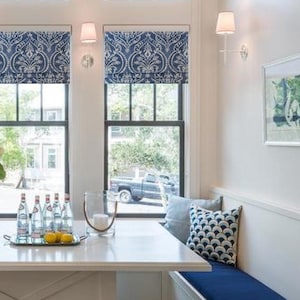 Faux Roman Shade/ Lined  Mock  Valance/ Blue Faux Roman Shade/ Mill Creek Dalusio Damask Denim/ Custom Sizing Available! #117