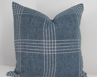 Blue  Plaid Pillow Cover/ Woven Tartan Blue with White Stripes/ Custom Sizing! #043