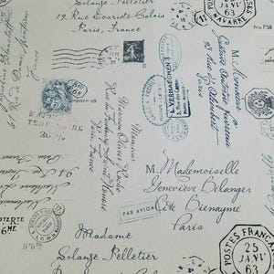 May include: A beige background with a repeating pattern of black and white text and stamps. The text includes French words and addresses. The stamps are mostly circular and feature images of birds, flowers, and other designs.