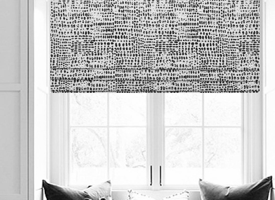 Fauxfake Roman Shade/ Stationary Roman Shade/ Black and Grey Dots
