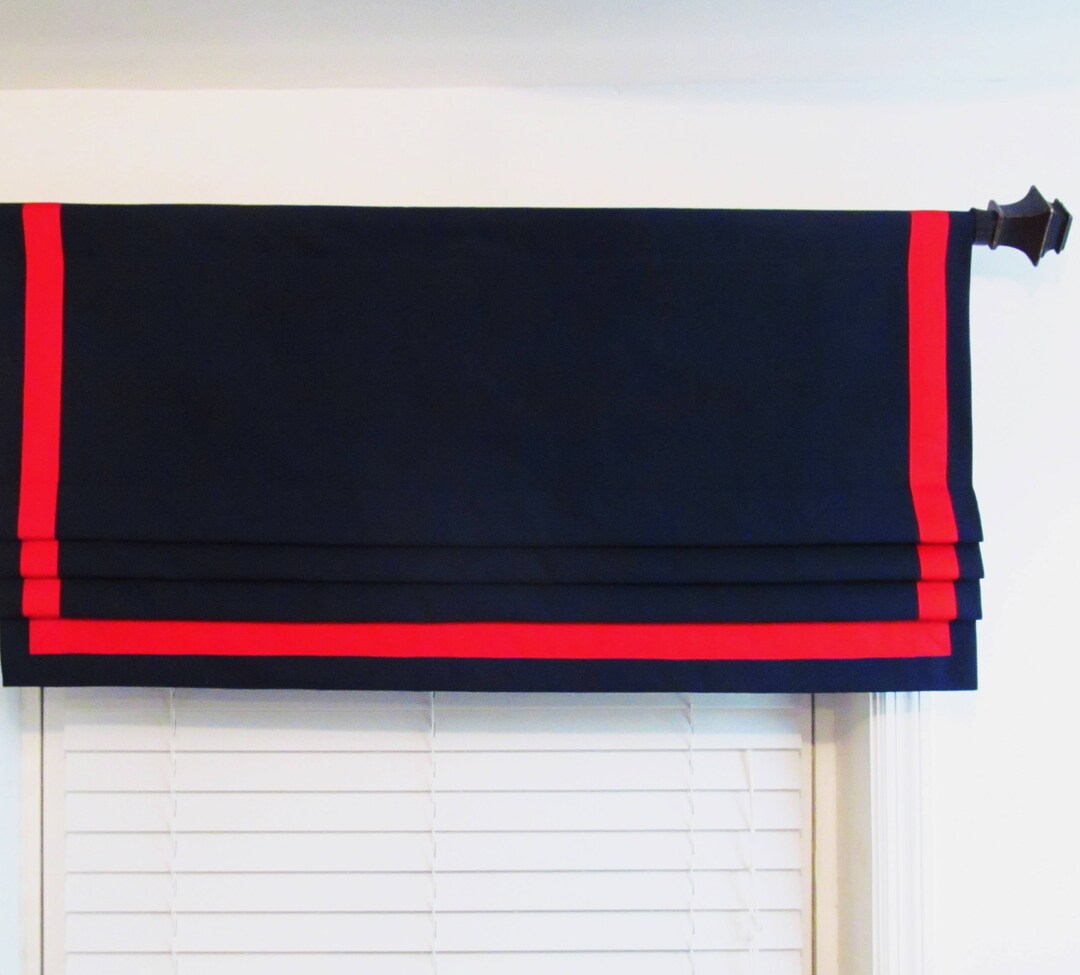 Banded Faux Roman Shade/ Navy Blue Red/ Grosgrain Ribbon Trim/ Lined