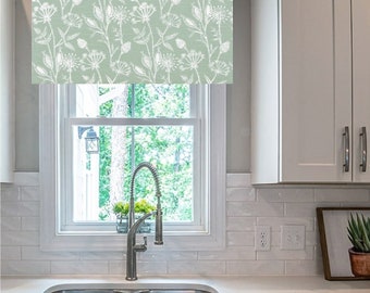 Sage Green Floral Curtain/ Flat Window Valance/ Kitchen, Bedroom, Bathroom/ Custom Sizing Available! #058