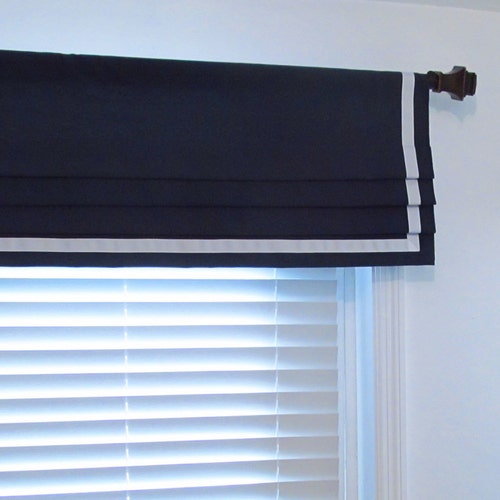 Bordered Faux Roman Shade Navy Blue/ White Ribbon Trimmed Lined Valance/ Custom Sizing shops Available! #223