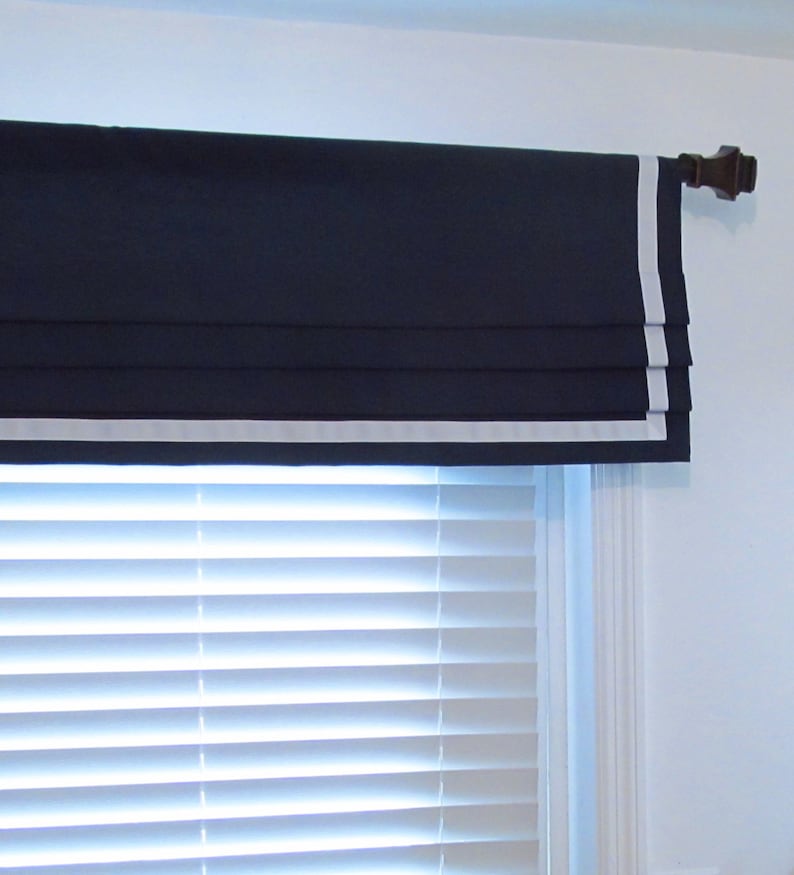 Bordered Faux Roman Shade Navy Blue/ White Ribbon Trimmed Lined Valance/ Custom Sizing shops Available! #223