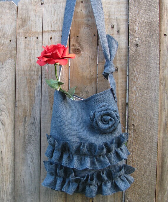 Items similar to Blue Burlap Tote Bag Rustic Wedding Shoulder Bag on Etsy