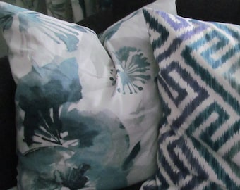Modern Blue Floral Pillow Cover/ Decorative Throw Pillow Cover/  Blue Watercolor Floral Design/ 2 Color Options Available! #362