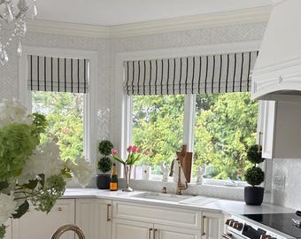 Faux Roman Shade Valance – Off White Black Stripe, Lined Mock Shade/ Custom Sizing Available! #211