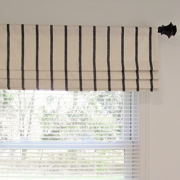 Faux - Fake Roman Shade/  Lined  Mock Valance/ Stationary Flat Roman Shade/ Off White-Black Ink Stripe/ Custom Sizing Available! #211