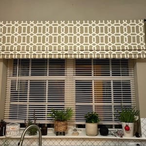 Trellis  Faux Roman Shade/ Lined Mock Valance/ Fake Roman Shade/ Geometric Brown-White/ Custom Sizing Available! #168