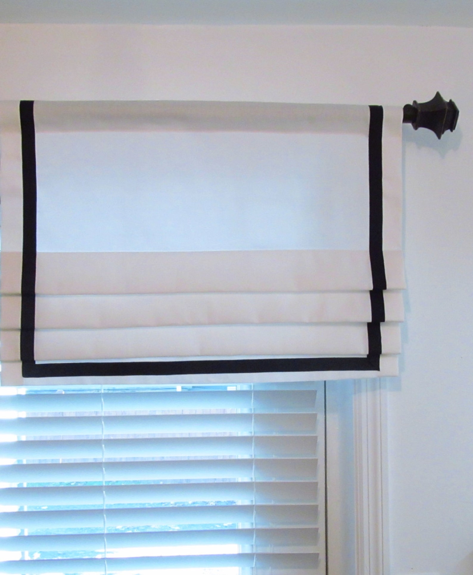 White & Navy Faux Roman Shade/ Grosgrain Ribbon Trimmed/ Contemporary