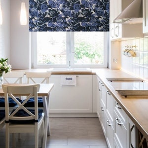Faux Roman Shade/ Modern Flowers Print  Denim Blue - White/ Lined Mock Valance/ Fake Roman Shades/  Custom Sizing Available! #133