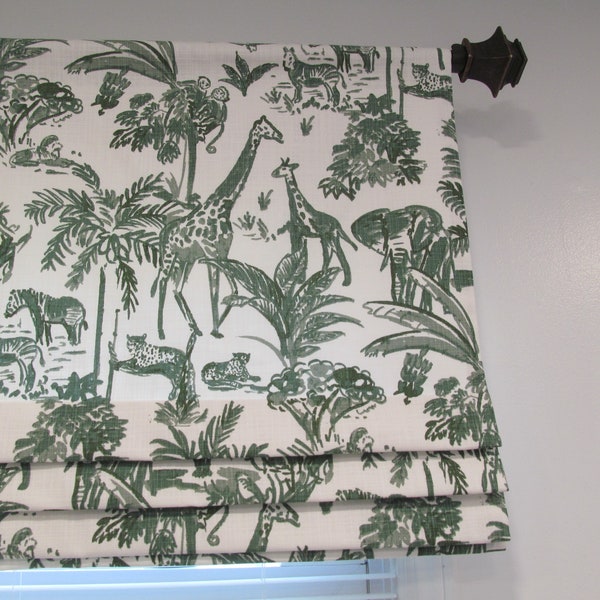 Green Animal Toile Faux Roman Shade/ Lined  Mock  Valance/ Contemporary Green and White/ Custom Sizing Available! #051