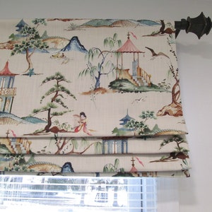 Chinoiserie Faux Roman Shade/ Fake Roman Shades/ Flax Asian Garden Scenes/ Custom Sizing Available 424 image 1