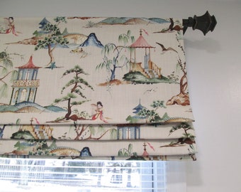 Chinoiserie  Faux Roman Shade/  Fake Roman Shades/ Flax Asian Garden Scenes/  Custom Sizing Available! #424