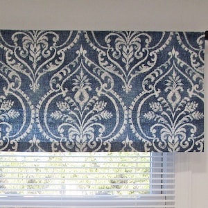 Blue Flat Window Valance/ Straight Valance/ Bedroom, Kitchen, Living Room/ Dalusio Damask Denim/ Custom Sizing Available! #117