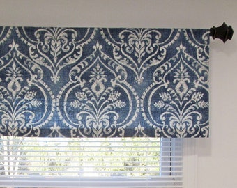 Blue Flat Window Valance/ Straight Valance/ Bedroom, Kitchen, Living Room/ Dalusio Damask Denim/ Custom Sizing Available! #117