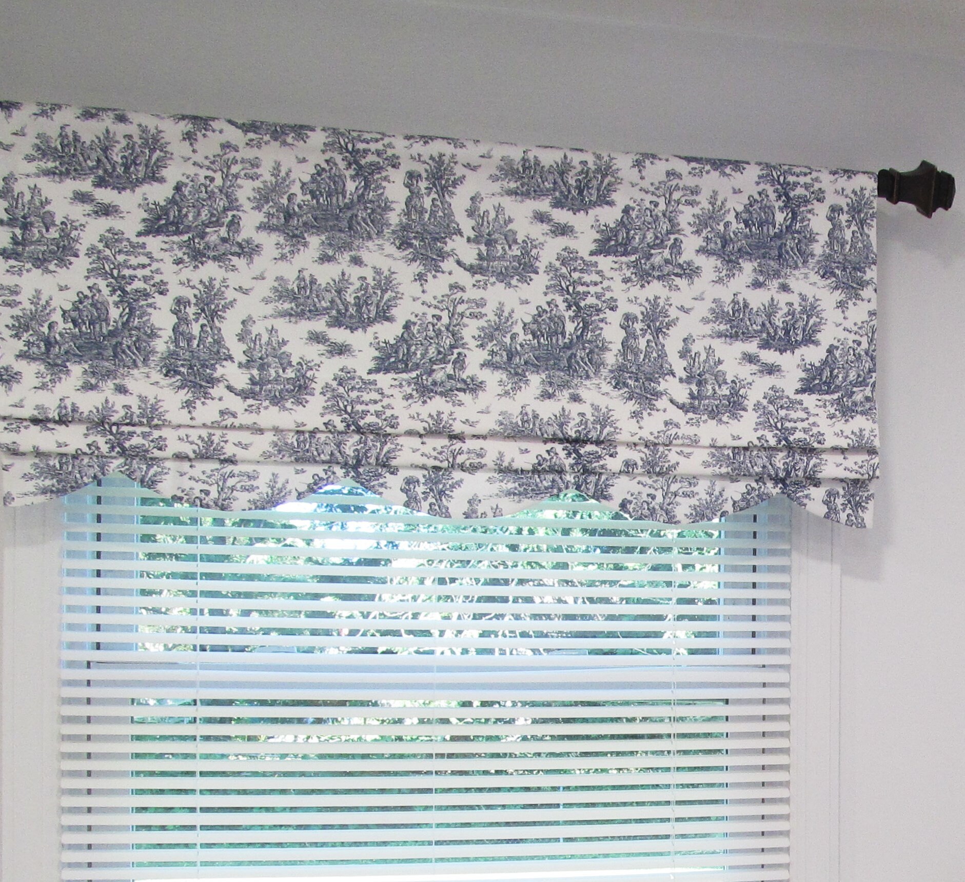 Toile Faux Roman Shade/ Scalloped Fake Roman Shade/ Unique Mock Valance/ Blue, Black or Brown/ Custom Sizing/ Original Design by SoD! #332