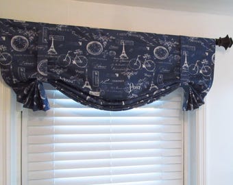 Tie Up  Valance Lined Curtain   Eiffel Tower Bike Paris Premier Prints Twill Navy Blue  Custom Sizing Available!