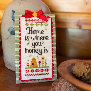 Home is Where My My Honey Is Bee finished cross stitch stitched on evenweave ready to display
