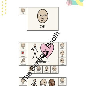 Pode incluir: Um quadro de comunicação visual com indicadores de emoções e necessidades. Inclui a palavra "OK" com um rosto correspondente, e uma seção com "Want" e um coração. Outras emoções são representadas, como "Happy", "Sad" e "Angry". O texto "The Sensory Booth" também está presente.