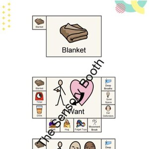 Pode incluir: Um auxílio visual para um espaço sensorial, com ilustrações e texto. A imagem inclui um cobertor castanho, um temporizador, uma bebida e outros ícones com etiquetas como "Abraço" e "Brinquedos sensoriais". O texto "The Sensory Booth" também está presente.