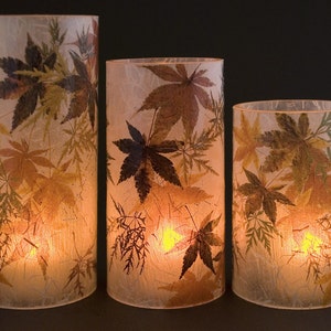 Japanese Maple electric tea light covers with battery lights. Hurricane candle holders for electric tea lights. LED outdoor lighting.