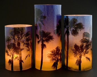 Palm Trees against a Blue Sky Sunset, includes electric tea lights. Flameless tea light cover. Tropical beach decor. Tiki bar lighting. LED