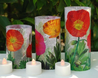 Icelandic Poppy e-Kandle Kuffs(TM).  Flameless tea light holders.  Illuminated photography.  Tabletop lighting decoration.  Spring colors.