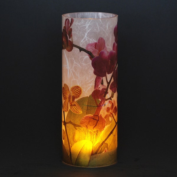 Orchid candle hurricane.  1 large electric candle cover with one free battery tea light. Patio decoration.  Zen garden decor.  LED lights.