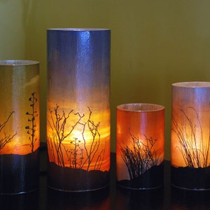 Anza Borrego Desert Sunset motif.  1 extra large electric candle hurricane with 1 free Electric Tea Light. Outdoor event lighting. Battery.
