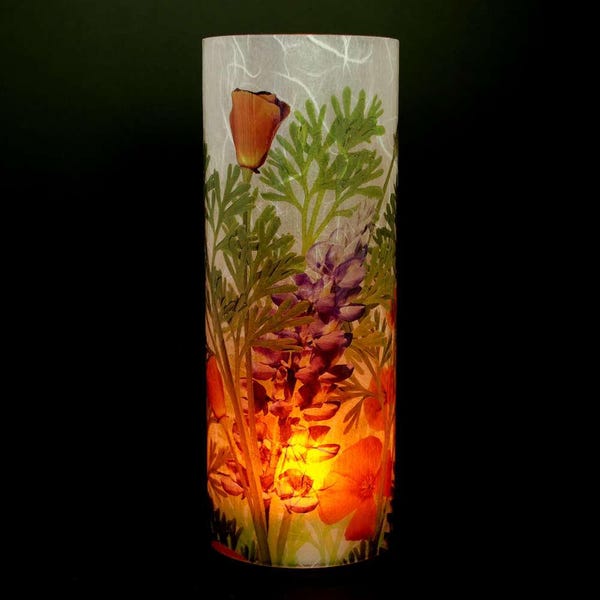 California Poppies and Lupine (1 large) candle cover with 1 free Electric Tea Light.  Tabletop lighting.  LED candle.  Flameless candles.
