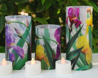 Bearded Iris Electric Tea Light Covers. Bathroom counter lighting. LED coffee table lights. Flameless candles. Garden decor. Patio table.