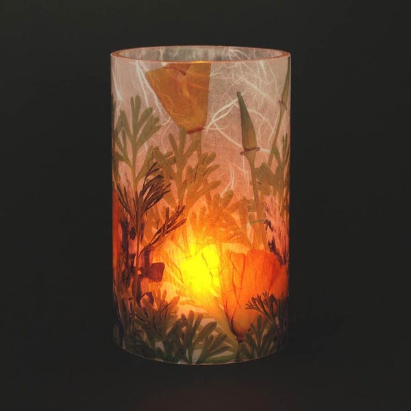 California Poppies, 1 Small electric candle cover with 1 free Electric Tea Light.  Durable patio table lighting.  LED flameless candle.