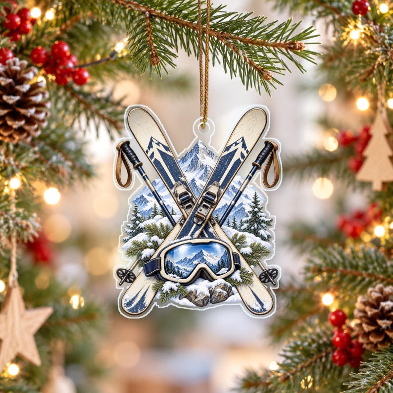 Snow Skiing 2D Acrylic Ornament, Custom Name Keepsake, Skis Poles and ...