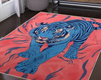 Tappeto con motivo a tigre di ispirazione asiatica: tappeto in stile giapponese rosa e blu per l'arredamento del soggiorno