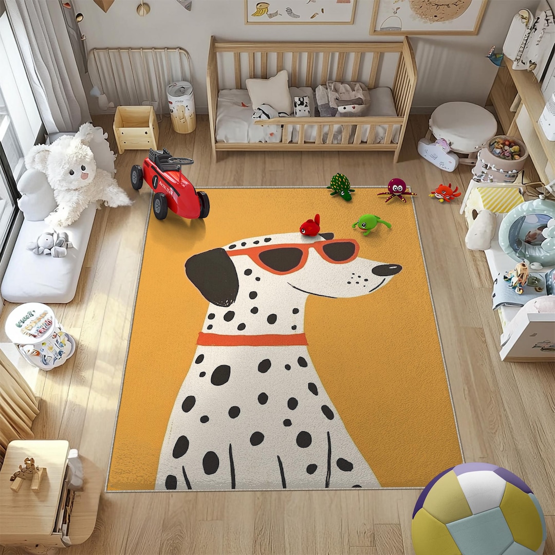 Dalmatian Dog Kids Rug, Cute Animal Nursery Carpet With Sunglasses ...