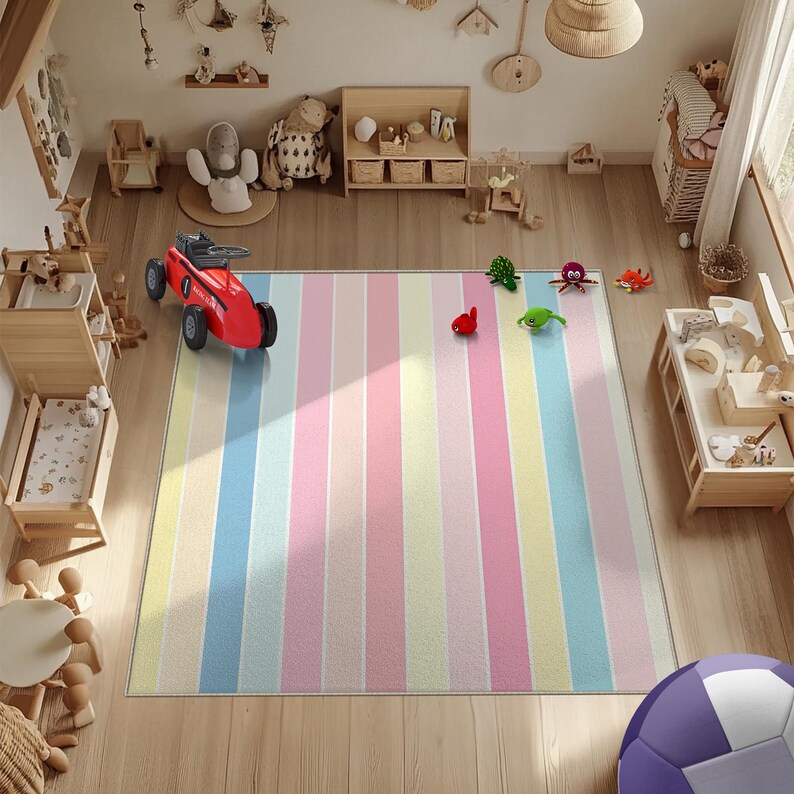 Kids Red Rug Pastel Stripe Kids Rug, Rainbow Nursery Carpet With Soft Color Lines ...