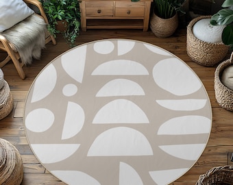 Tappeto rotondo astratto geometrico, moderno tappeto scandinavo beige neutro
